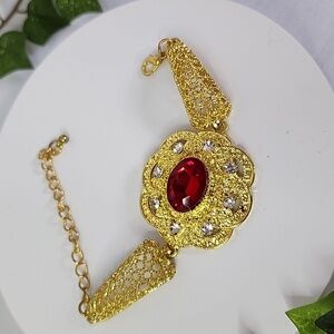 Gold Luxury  Statement Bracelet Red Stone New